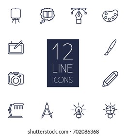 Set Of 12 Constructive Outline Icons Set.Collection Of Table Lamp, Pencil, Bezier Curve And Other Elements.