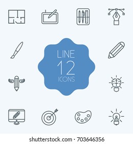 Set Of 12 Constructive Outline Icons Set.Collection Of Drawing Tools, Brain, Idea And Other Elements.