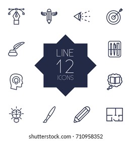 Set Of 12 Constructive Outline Icons Set.Collection Of Paintbrush, Knowledge, Brain And Other Elements.