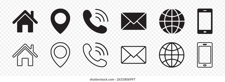 Set of 12 Contact and Navigation Icons Featuring Home, Location Pin, Phone, Envelope, Globe, and Smartphone in Solid and Outline Styles