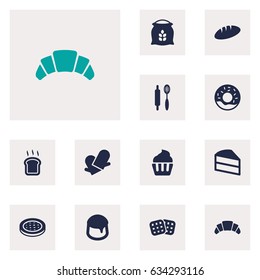 Set Of 12 Cook Icons Set.Collection Of Potholders, Wafer, Slice Bread And Other Elements.