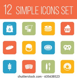 Set Of 12 Cook Icons Set.Collection Of Wafer, Sack, Measurement And Other Elements.