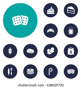 Set Of 12 Cook Icons Set.Collection Of Dessert, Whisk, Potholders And Other Elements.