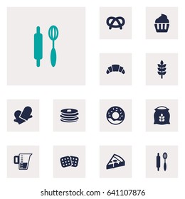 Set Of 12 Cook Icons Set.Collection Of Measurement, Dessert, Pepperoni And Other Elements.