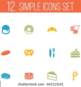 Set Of 12 Cook Icons Set.Collection Of Crepe, Doughnut, Loaf And Other Elements.