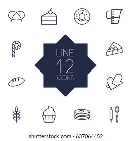Set Of 12 Cook Outline Icons Set.Collection Of Cheesecake, Gloves, Rolling Pin And Other Elements.