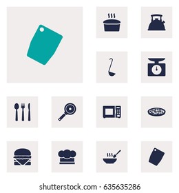 Set Of 12 Cooking Icons Set.Collection Of Cutting Surface, Silverware, Electronic Oven And Other Elements.