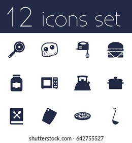Set Of 12 Cooking Icons Set.Collection Of Pepperoni, Electronic Oven, Scoop And Other Elements.