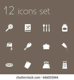 Set Of 12 Cooking Icons Set.Collection Of Cutting Surface, Kitchen Rasp, Blender And Other Elements.