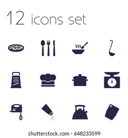 Set Of 12 Cooking Icons Set.Collection Of Saltshaker, Kitchen Rasp, Weighing Machine And Other Elements.