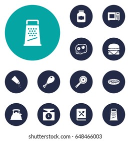 Set Of 12 Cooking Icons Set.Collection Of Weighing Machine, Pepperoni, Electronic Oven And Other Elements.