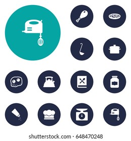 Set Of 12 Cooking Icons Set.Collection Of Saltshaker, Poultry Foot, Saucepan And Other Elements.