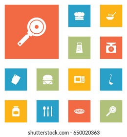 Set Of 12 Cooking Icons Set.Collection Of Broth, Pepperoni, Chef Cap And Other Elements.