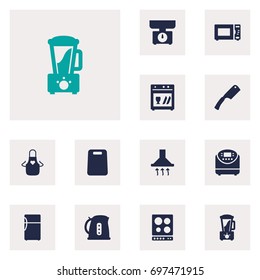 Set Of 12 Cooking Icons Set.Collection Of Oven, Cooking, Washing Machine And Other Elements.