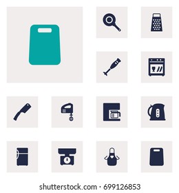 Set Of 12 Cooking Icons Set.Collection Of Refrigerator, Mixer, Slicer And Other Elements.