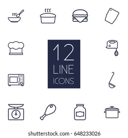 Set Of 12 Cooking Outline Icons Set.Collection Of Scales, Ladle, Jug And Other Elements.
