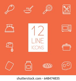 Set Of 12 Cooking Outline Icons Set.Collection Of Omelette, Microwave, Soup And Other Elements.
