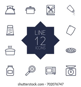 Set Of 12 Cooking Outline Icons Set.Collection Of Pan, Grater, Book Of Recipes And Other Elements.