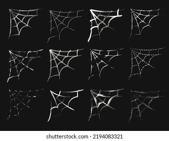 Set of 12 corner spiderweb in sketch style. Thin uneven grunge paint brush strokes, smears. Design elements for Halloween design. Spooky, scary, horror halloween decor. Vector.