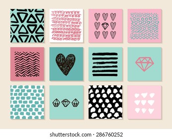 Set of 12 creative art cards. Hand Drawn textures made with ink. Vector. Isolated. May be used as invitations, birthday or any occasion cards