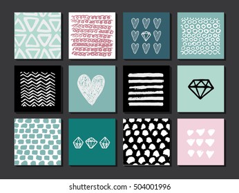 Set of 12 creative art cards. Hand Drawn textures made with ink. Vector. Isolated. May be used as invitations, birthday or any occasion cards