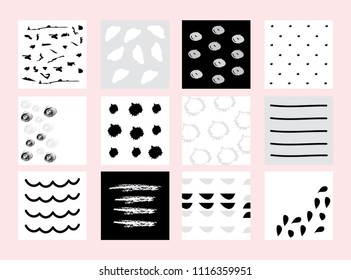 Set of 12 creative cards. Hand Drawn vector textures 