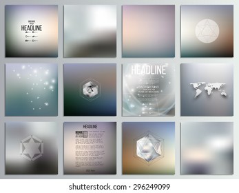 Set of 12 creative cards, square brochure template design, geometric backgrounds set, abstract blurred colorful vector patterns.