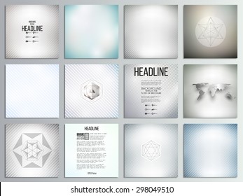 Set of 12 creative cards, square brochure template design, diagonal lines pattern, repeat straight stripes texture, pastel background vector.