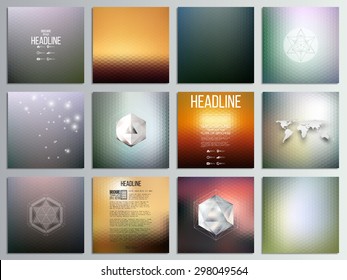 Set of 12 creative cards, square brochure template design, geometric backgrounds set, abstract hexagonal vector patterns.