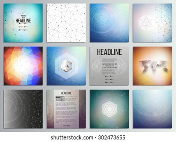 Set of 12 creative cards, square brochure template design. Abstract backgrounds, conceptual technical design, vector templates.