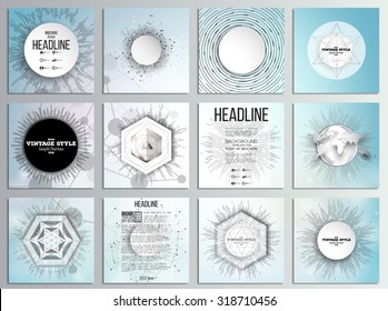 Set of 12 creative cards, square brochure template design. Molecular structure, blue backgrounds for communication, science abstract vector illustration.