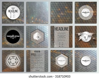 Set of 12 creative cards, square brochure template design. Night city landscape. Abstract multicolored backgrounds. Natural geometrical patterns. Triangular and hexagonal style vector illustration.