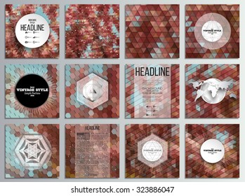Set of 12 creative cards, square brochure template design. Purple flowers. Abstract multicolored backgrounds. Natural geometrical patterns. Triangular and hexagonal style.