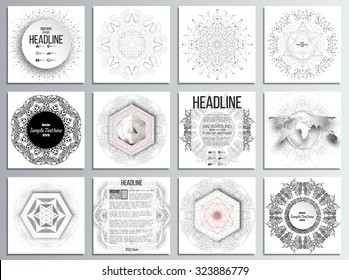 Set of 12 creative cards, square brochure template design. Molecular structure, technical constructions with connected lines and dots, scientific or digital design, science abstract vector.