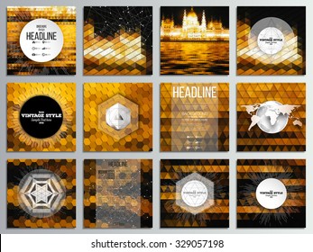 Set of 12 creative cards, square brochure template design. Night city landscape. Abstract multicolored backgrounds. Natural geometrical patterns. Triangular and hexagonal style vector illustration.