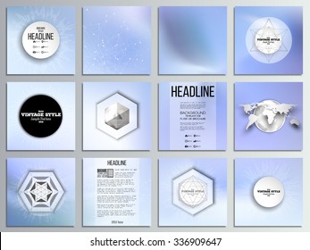 Set of 12 creative cards, square brochure template design. Winter design, abstract blue background.