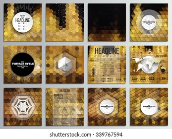 Set of 12 creative cards, square brochure template design. Night city landscape. Abstract multicolored backgrounds. Natural geometrical patterns. Triangular and hexagonal style vector illustration.