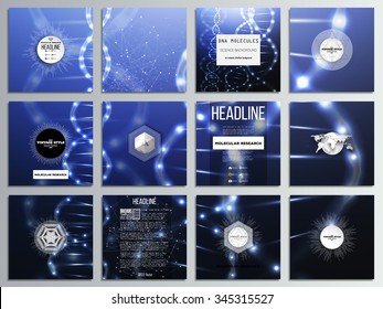 Set of 12 creative cards, square brochure template design. DNA molecule structure on dark background. Science vector background.