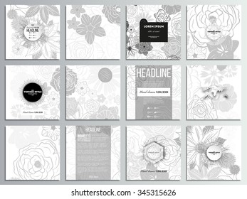 Set of 12 creative cards, square brochure template design. Hand drawn floral doodle pattern, abstract vector background.