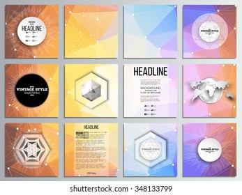 Set of 12 creative cards, square brochure template design. Abstract multicolored background. Scientific digital design, science vector illustration.