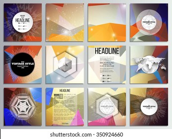Set of 12 creative cards, square brochure template design. Abstract multicolored background. Scientific digital design, science vector illustration.