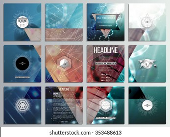 Set of 12 creative cards, square brochure template design. DNA molecule structure on dark green background. Science vector background.