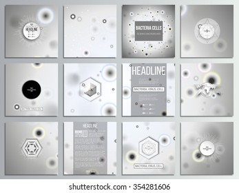 Set of 12 creative cards, square brochure template design. Molecular research, illustration of cells in gray, science vector background.