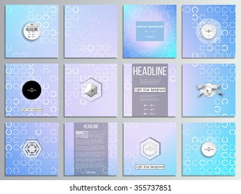 Set of 12 creative cards, square brochure template design. Abstract white circles on light blue background, vector illustration.