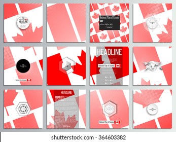 Set of 12 creative cards, square brochure template design. National Flag of Canada Day. Abstract dotted vector background.