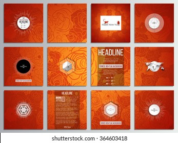 Set of 12 creative cards, square brochure template design. Chinese new year background. Floral design with red monkeys, vector illustration.