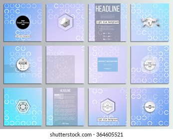 Set of 12 creative cards, square brochure template design. Abstract white circles on light blue background, vector illustration.