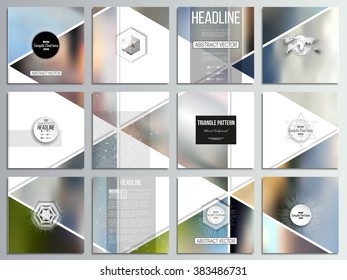 Set of 12 creative cards, square brochure template design. Abstract multicolored background of blurred nature landscapes, geometric vector, triangular style illustration.