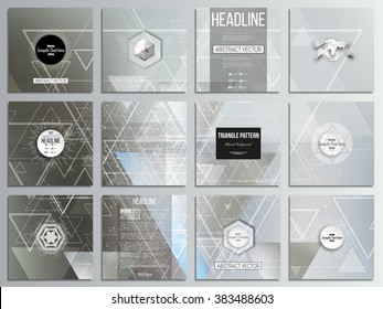 Set of 12 creative cards, square brochure template design. Abstract blurred vector background with triangles, lines and dots.
