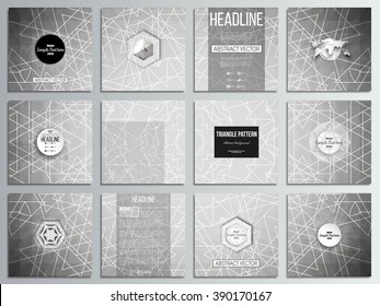 Set of 12 creative cards, square brochure template design. Sacred geometry, triangle design gray background. Abstract vector illustration.